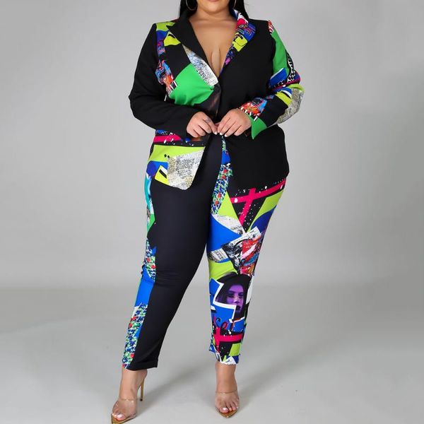 

women's tracksuits 5xl plus size fashion print two piece sets office blazer jacket pants suit women 2021 casual party oversize outfit l, Gray