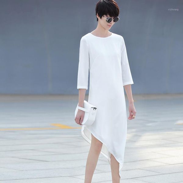 

casual dresses customize simple style summer three-quarter sleeve o-neck chiffon dress irregular inclined hem loose elegant, Black;gray