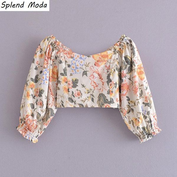 

women's blouses & shirts splend moda 2021 summer pullover square collar slim women elastic waist puff sleeve crop shirt + printed short, White