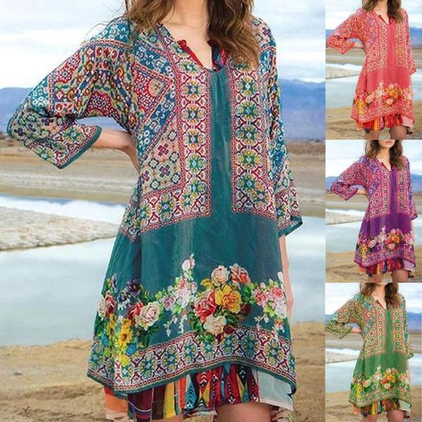 

bohemian dress women floral printing vintage long sleeved dresses 2021 sundress vestidos female robe plus size 5xl casual, Black;gray