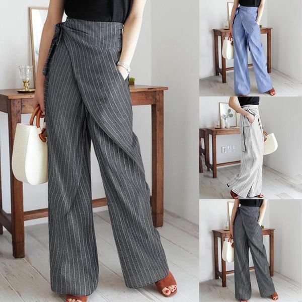 

fashion women stripe kink pocket casual loose straight trousers pants 2021 spring autumn all-match women's wide-leg f & capris, Black;white