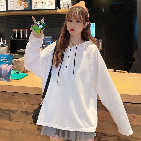 

winter ins autumn thin button hooded sweater women lazy wind jacket, Black