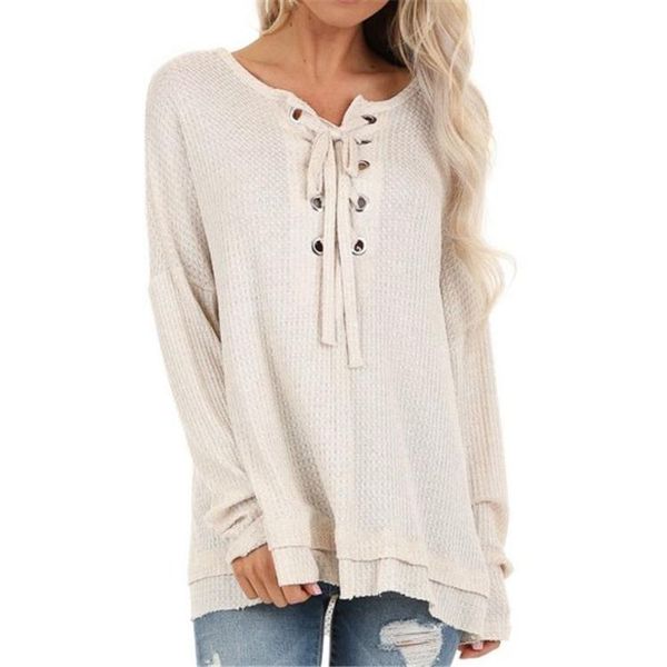 

women's t-shirt casual solid color spring fall wild loose shirt long sleeve round neck front cross strap lace-up top, White