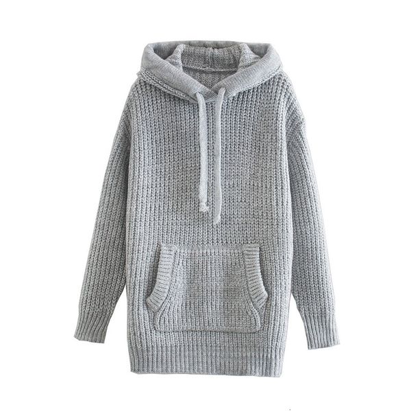 

women's knits & tees women autumn winter fashion za knitted gray hoodies chic lady long sleeve pocket drawstring hooded thick pull, White