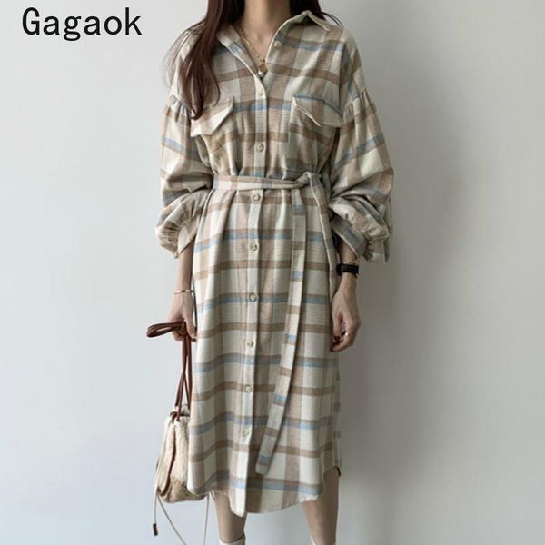 

gagaok women plaid dress 2021 spring autumn vintage full sashes knee-length a-line dresses korean fashion chic wild vestidos casual, Black;gray
