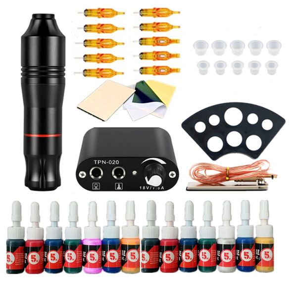 Tattoo-Set, Maschinengewehr-Set, Farben, Tinten, Pigmente, Einwegnadeln, Mini-Netzteil, Anfänger, Tätowierung, Permanent-Make-up-Stift, Körperkunst