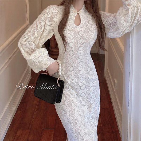 

casual dresses japanese harajuku style cheongsam retro gothic slim dress club bodycon chinese traditional lace embroidery qipao, Black;gray