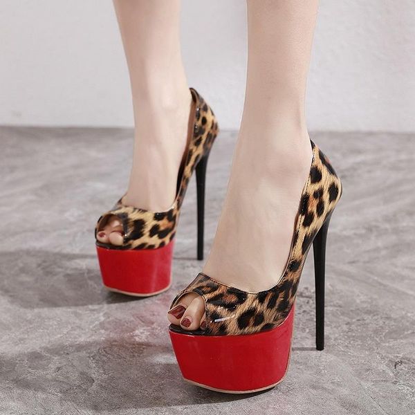 

dress shoes platform sandals 2021 spring women's leopard fish mouth 16cm super high heel, Black