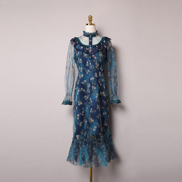 

casual dresses spring summer long sleeve round neck blue floral print tulle ruffle detail panelled mid-calf dress elegant xm151316 1qcr, Black;gray