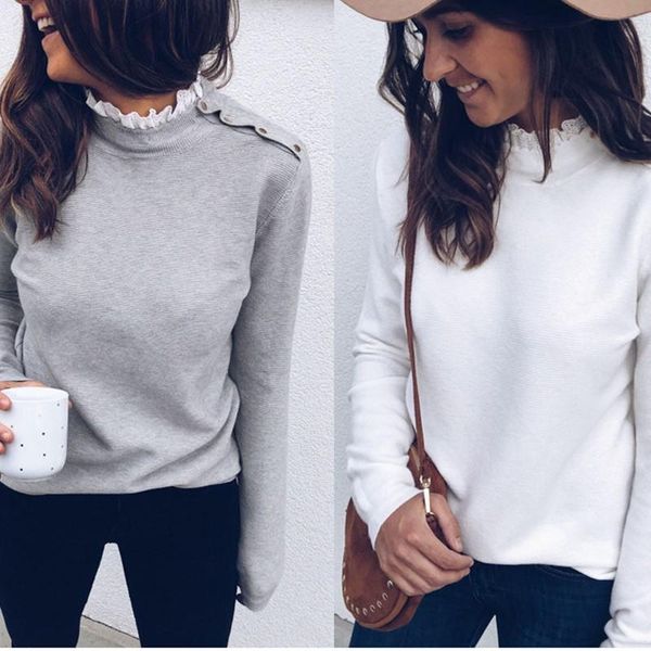 

women's t-shirt autumn women knitting t shirt long sleeve white casual tee female lace fashion clothes solid color pullovers