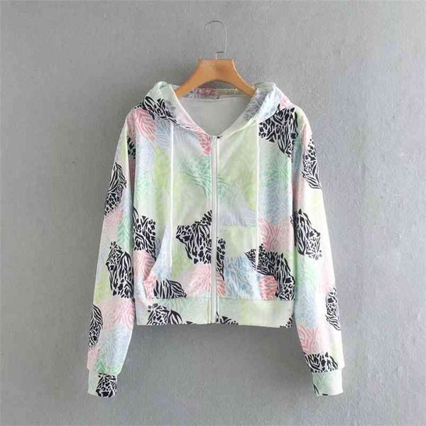 

autumn women print hoodies sweatshirts long sleeve hooded zip female street sweet clothing 210513, Black