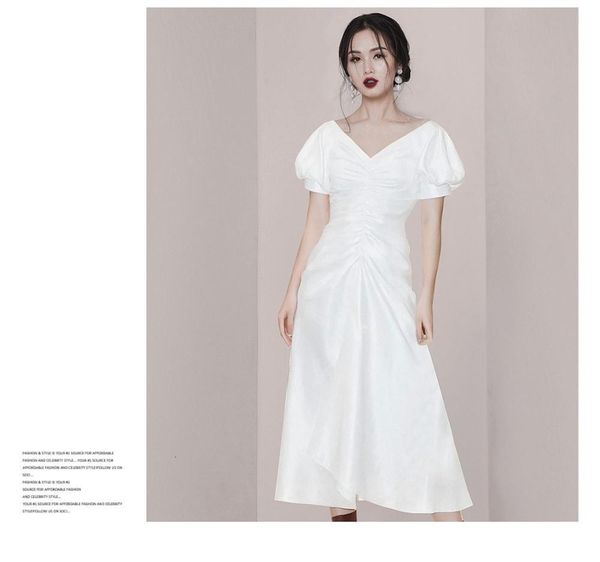 

casual dresses v-neck puff sleeve solid vintage women elegant patchwork slim waist lace-up a-line female vestidos 23a3, Black;gray