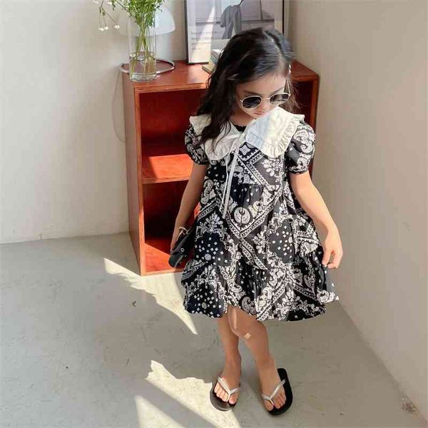 Chegada de verão meninas moda geometria vestido crianças design coreano algodão 210528