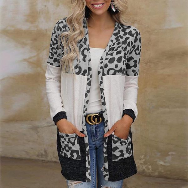 

women's jackets leopard print patchwork autumn women knitted cardigan fashion loose midi harajuku jacket elegant v-neck pocket long sle, Black;brown