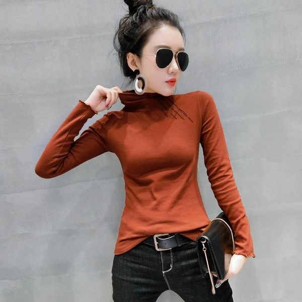 

women's t-shirt 2021 winter shirts women close-fittig office lady cotton long sleeve print turtleneck shirt casual and, White