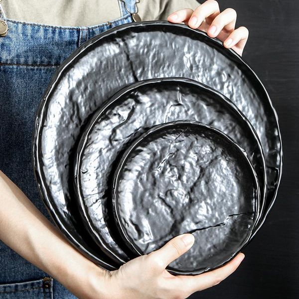 

dishes & plates 10-inch japanese art ceramic round stone pattern black western-style steak salad plate home dessert sushi square tableware