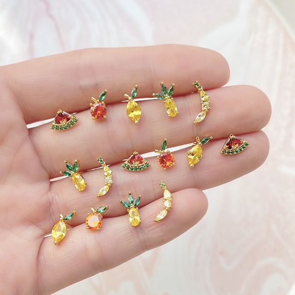 

s925 anti-allergy post 18k gold plated zircon studs charm fashion crystal pineapple banana peach apple lemon fruit stud earrings, Golden