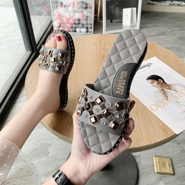 

chinelos de verÃ£o femininos moda casual praia metal decoraÃ§Ã£o palavra sandÃ¡lias planas borracha tamanho 36-41 slippers, Black