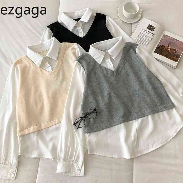 

ezgaga patchwork shirts women korean chic fake two loose turn-down collar spring streetwear all-match fashion shirts 210430, White
