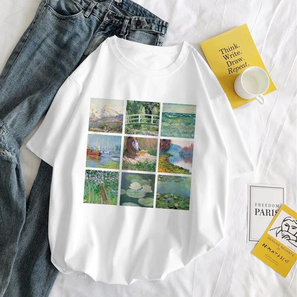 

women's t-shirt vintage monet art oil painting women summer fashion soft grunge aesthetic printed o-neck cool harajuk chic causal, White