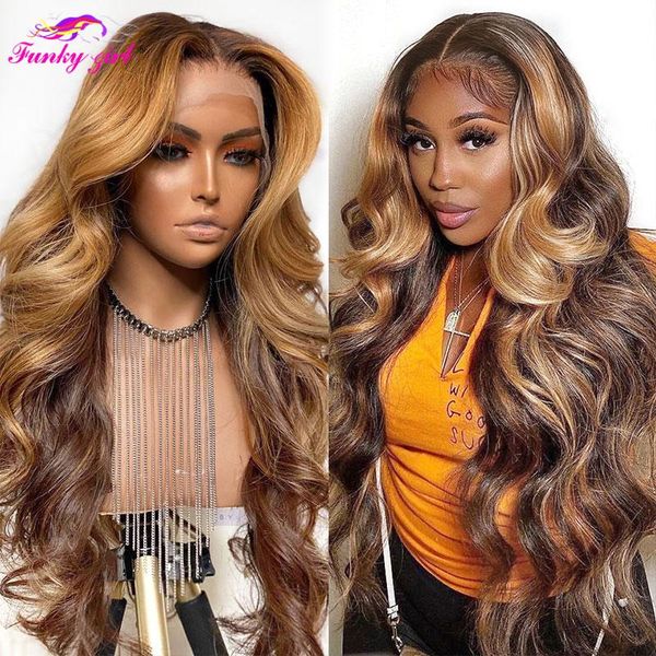 

lace wigs 4/27 highlight wig brazilian body wave front human hair transparent 13x6x1 honey blonde ombre color 180%, Black;brown