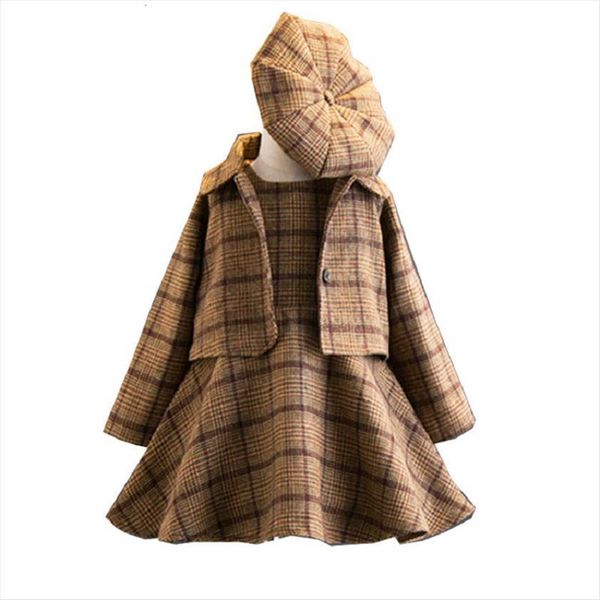 

year 3 pieces baby girls clothing set coat ball gown dress hat spring winter fashion children costume plaid, White