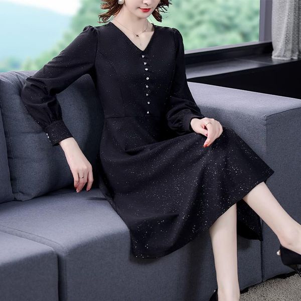 

casual dresses coigarsam women long dress spring 2022 full sleeve v-neck black robe vestidos, Black;gray