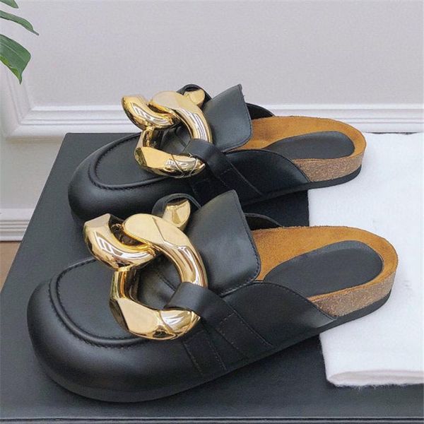 

slippers hjwsfdcai brand design women slipper fashion big gold chain sandals shoes round toe slip on mules casual slides platform loafers, Black