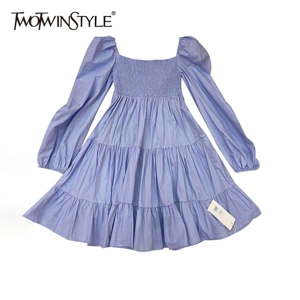 

casual solid dress for women square collar puff long sleeve high waist ruched mini dresses female summer style 210520, Black;gray