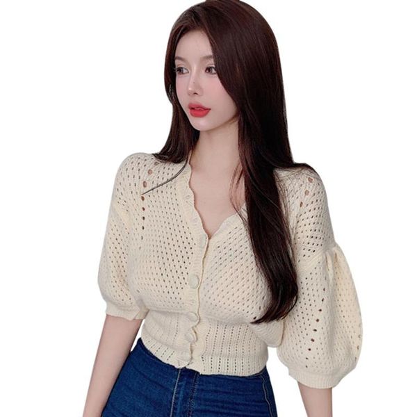 

women's t-shirt v-neck hollow out button tshirt short section exposed female crop ladies shirt knitted sleeved tee, White