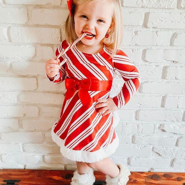 

girl's dresses 0-6y toddler baby girls princess dress christmas striped print round neck bow tunic long sleeve a-line costume 2021, Red;yellow