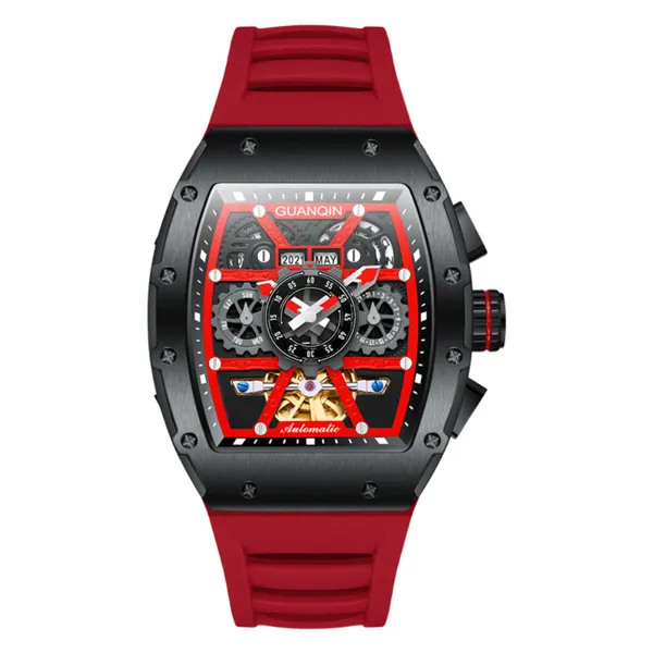 

wristwatches automatic mechanical watch men famous rubber strap guanqin skeleton tourbillon sapphire waterproof luminous clock, Slivery;brown