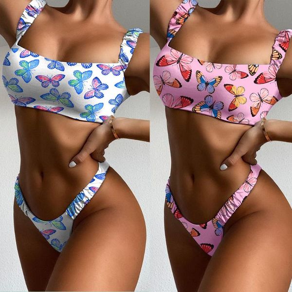 

women's swimwear butterfly print bikini high flexibility beachwear two piece womens female bandeau thong, White;black
