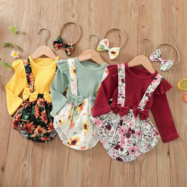 

clothing sets 3pcs baby summer outfit solid color long sleeve t-shirt + floral suspenders pantie hairband for toddler girl 0-24 months, White