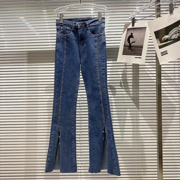 

women's jeans fall 2021 vertical striped rhinestone trousers split celebrity slim fit big flared high waisted, Blue