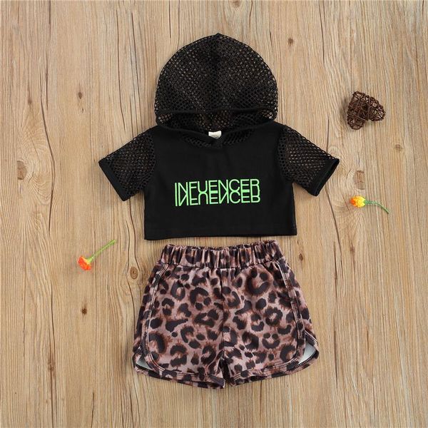 

clothing sets 2021 kids girl sports mesh shirt, summer loose leopard shorts,casual running training cropped hooded suit, White