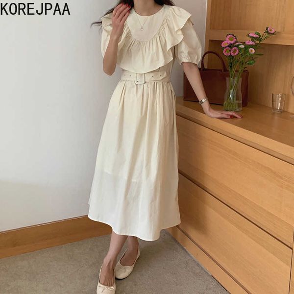 Korejpaa Frauen Kleid Sommer Koreanische Chic Damen Temperament Rundhals Rüschen Spitze-Up Taille Abnehmen Puff Sleeve Vestidos 210526