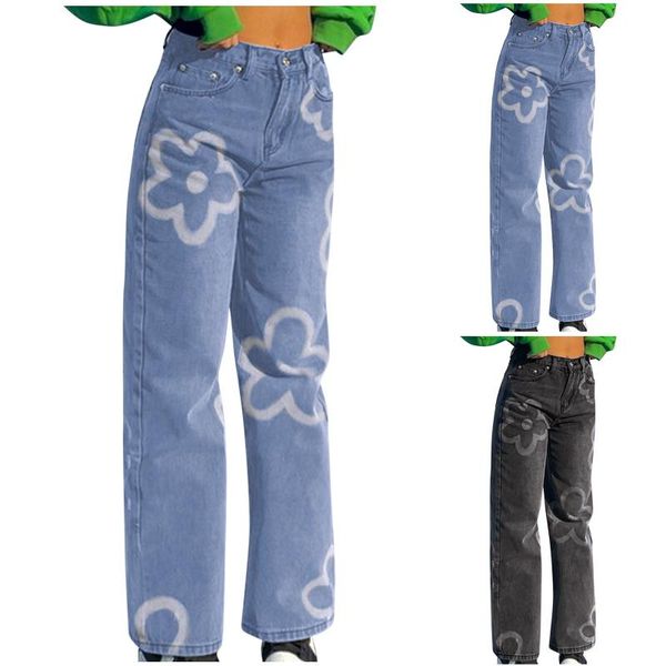 

women's jeans fashion autumn high waist flower print pocket elastic baggy trousers streetwear wide leg slim denim pants, Blue