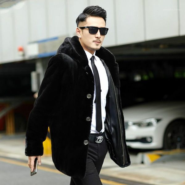 

men's leather & faux real fur coat men winter jacket warm natural mink mens jackets coats 2021 outerwear parka 8858 kj3092, Black