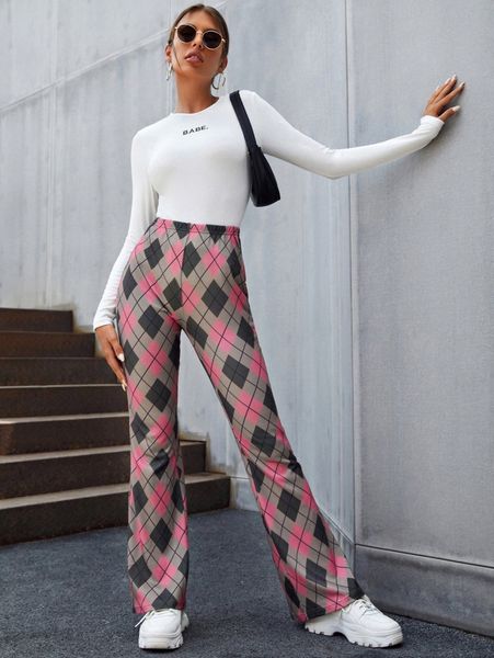 

high waist colorblock argyle print straight leg pants q5bk#, Black;white