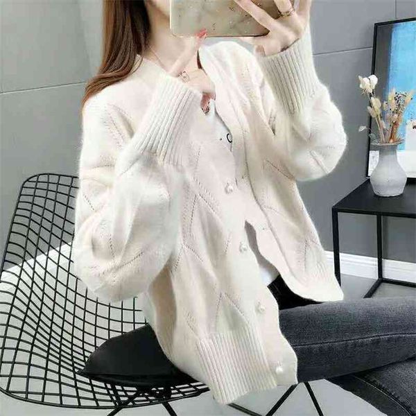 

autumn fashion cardigan solid knitted women sweater v-neck ladies jacket loose korean style casual warm coat 210427, White;black