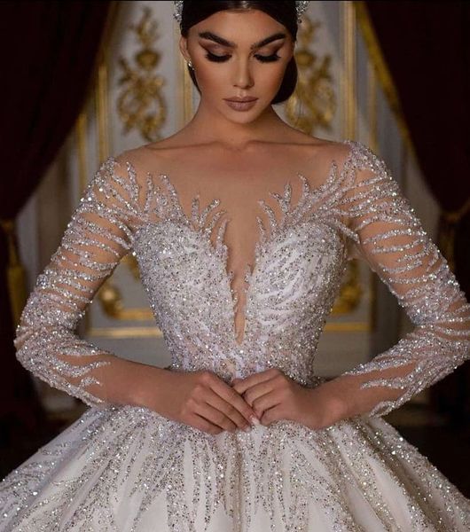 

2022 plus size arabic aso ebi sparkly luxurious wedding dress beaded sequins long sleeves bridal gowns dress zj630, White