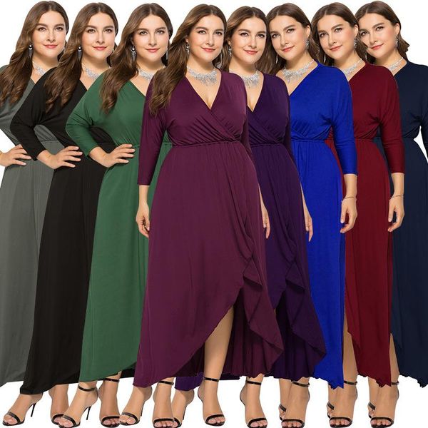 

casual dresses fnoce 2021 autumn women's fashion solid long sleeve v-neck slim elegant irregular large size mid-calf dress, Black;gray