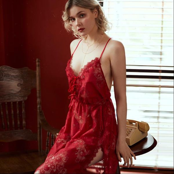 

lingerie nightgown underwear lace womens sleepwears embroidery seduction nightwear sling back cross night dress, Black;red