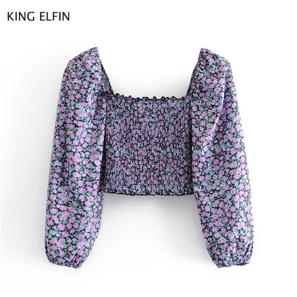 

fashion shirt women 2021 autumn casual slim fit square collar lantern sleeve printed stretch short blouse female women's blouses & shir, White
