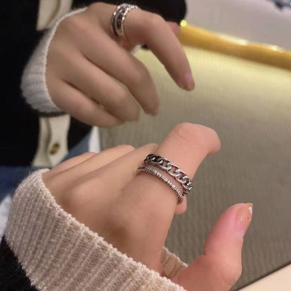 

chain double layer open female hip hop fashion personality cool street adjustable versatile ring, Black