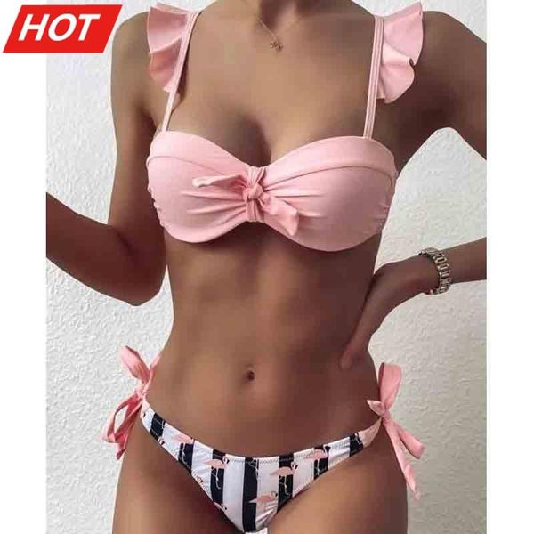 

striped lace ruffle push up women bandeau swimsuit female swimwear bra cup bikini set high cut bathing suit f72 women's, White;black