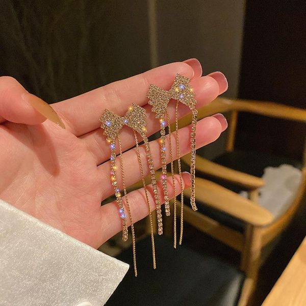 

dangle & chandelier gold color full crystal bow tassel long drop earrings temperament earring for women female wedding brides jewelry, Silver