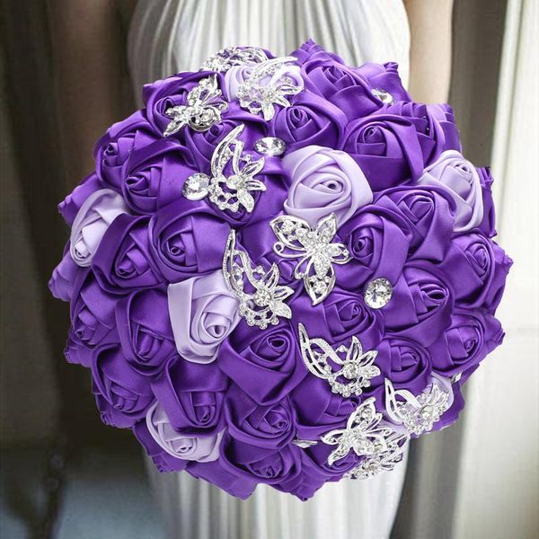 

decorative flowers & wreaths 1pc/lot purple wedding bride holding artificial bouquet ribbon rhinestone pearl decoration groom dance