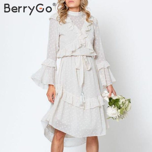 

berrygo elegant white autumn dress women chiffon a-line lady beach polka dot hollow out soft holiday ruffled boho 210513, Black;gray